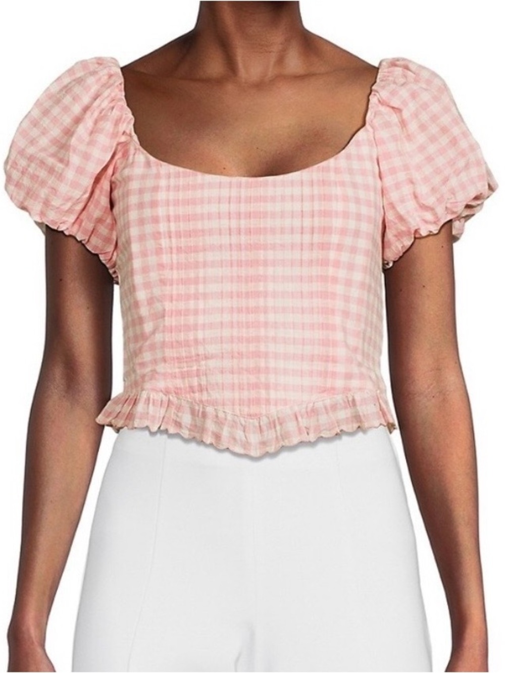 LoveShackFancy Breonna Pink Gingham Cotton Coquette Puff Sleeve Crop Top 2